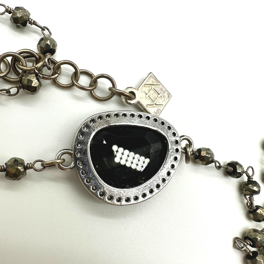 Free People Beaded Halo Pendant Necklace Black Faceted Stone Pyrite Chain Silver - Picture 5 of 5